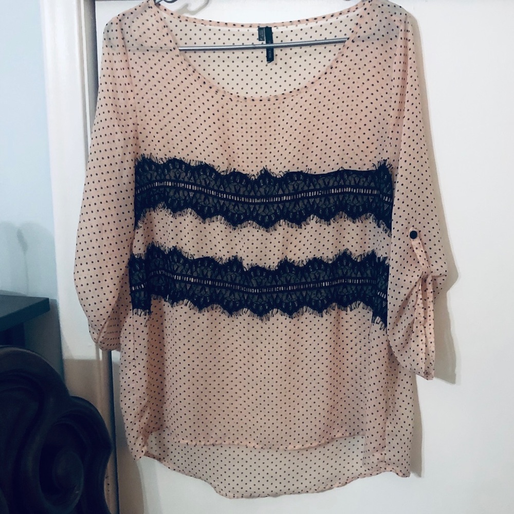 Maurice’s sheer blush polkadot lace blouse